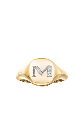 M Mini Pinky Ring, 18K Yellow Gold & Diamonds